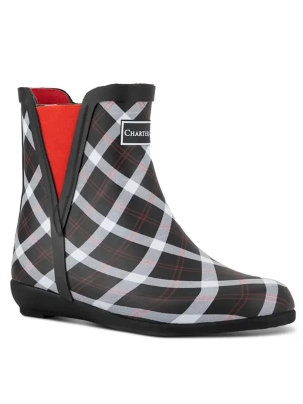 Charter Club Black Plaid Ankle Rain Boot with Red Trim x